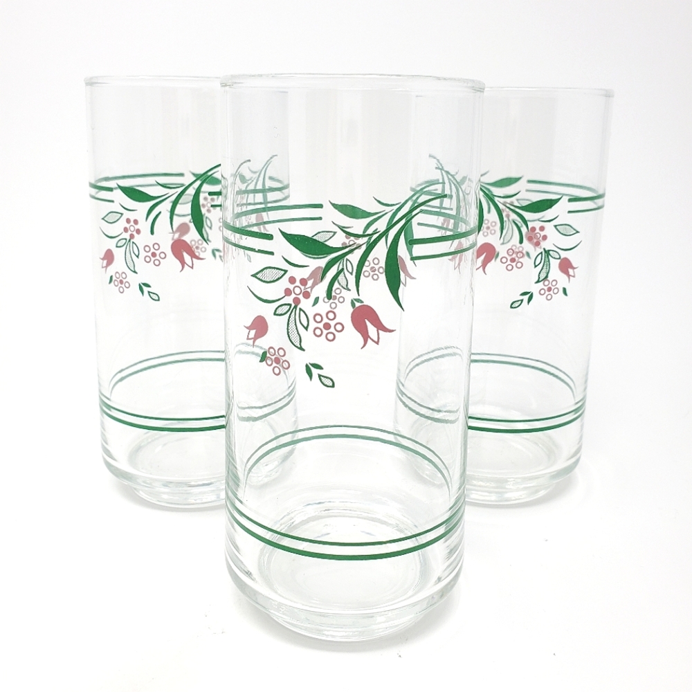 VTG Corelle Rosemarie Pink & Green Hanging Tulip 16oz Tumblers, set of 3
